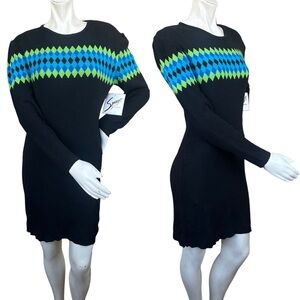 Vintage 80s Deadstock Black Blue & Green Knit Argyle Long Sleeve Sweater 11/13
